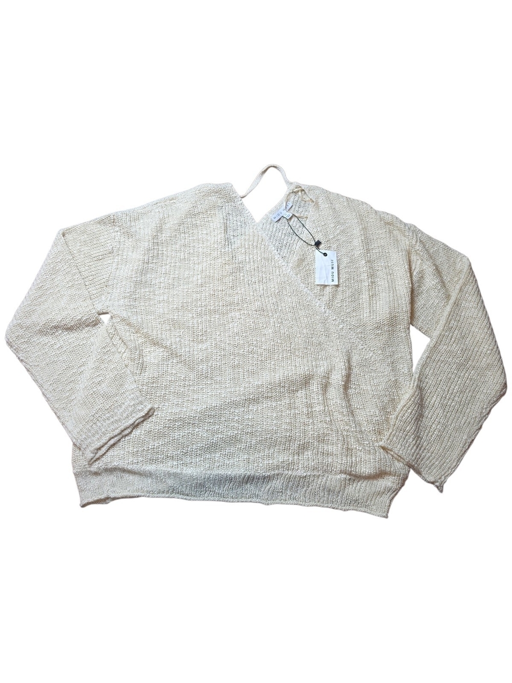 MIOU MUSE | NWT Open Back Wrap V-Neck Textured Knit Sweater Boho Beige | XL - Picture 4 of 10